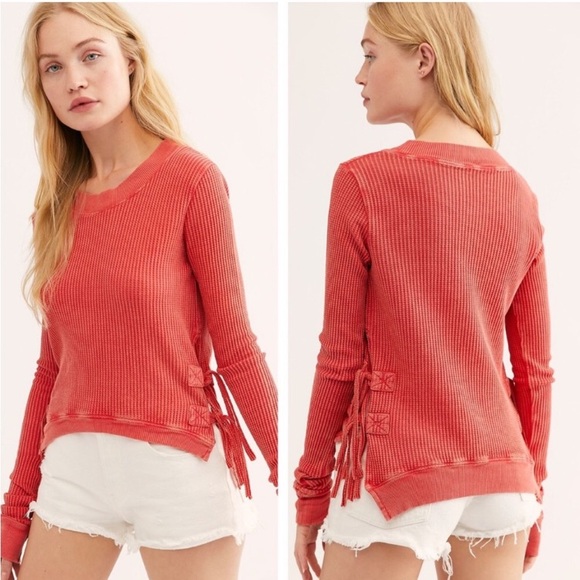 Free People Tops - Free People One interlaken thermal waffle knit long sleeve side tie red top, XS
